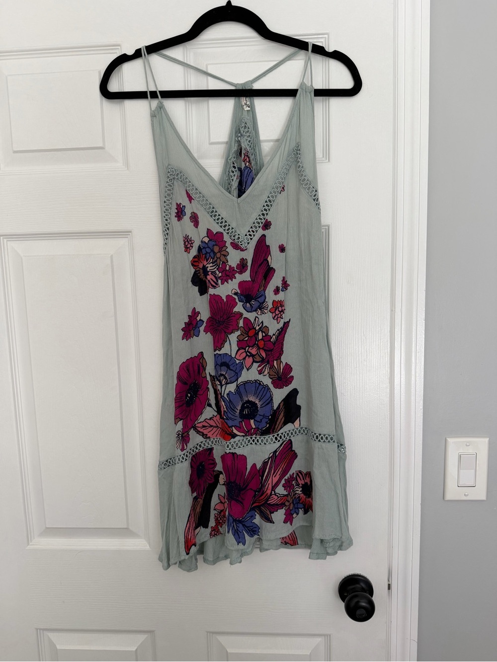 Free People Sage Green Floral Slip Dress with Fuchsia & Purple Accents
